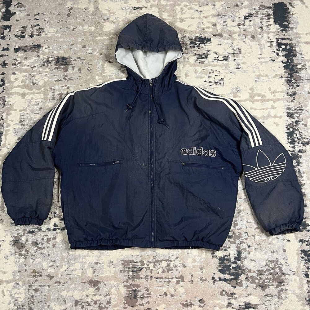 Vintage 90s Adidas Trefoil Hooded Jacket Navy Big Logo Full Zip Lined Sz L Faded